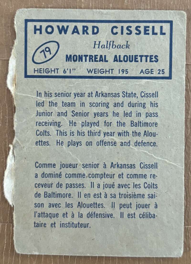 1962 Topps CFL #79 Howard Cissell  Montreal Alouettes  V105349 Image 2