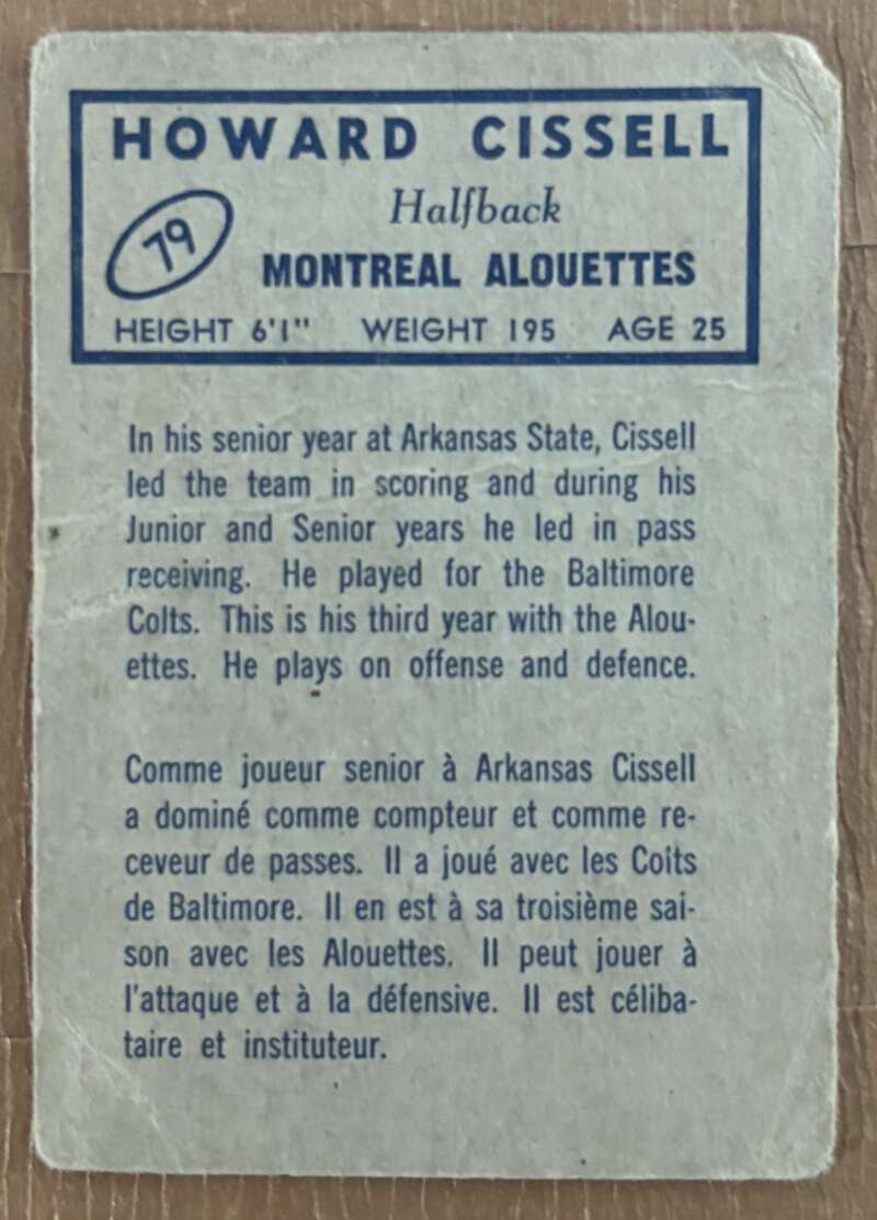 1962 Topps CFL #79 Howard Cissell  Montreal Alouettes  V105350 Image 2