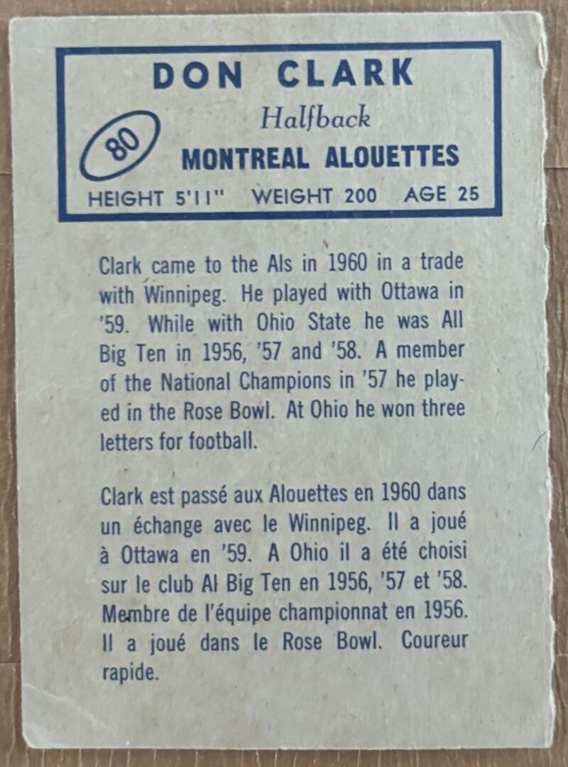 1962 Topps CFL #80 Don Clark  Montreal Alouettes  V105352 Image 2