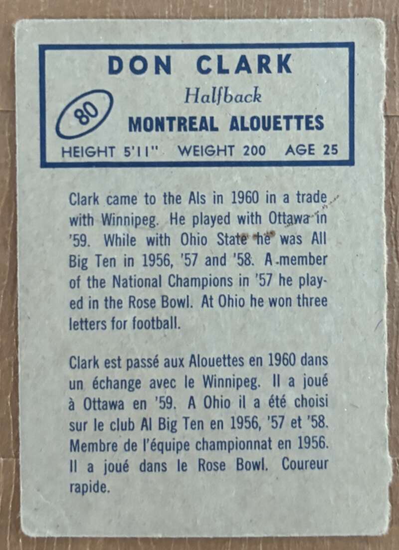 1962 Topps CFL #80 Don Clark  Montreal Alouettes  V105353 Image 2
