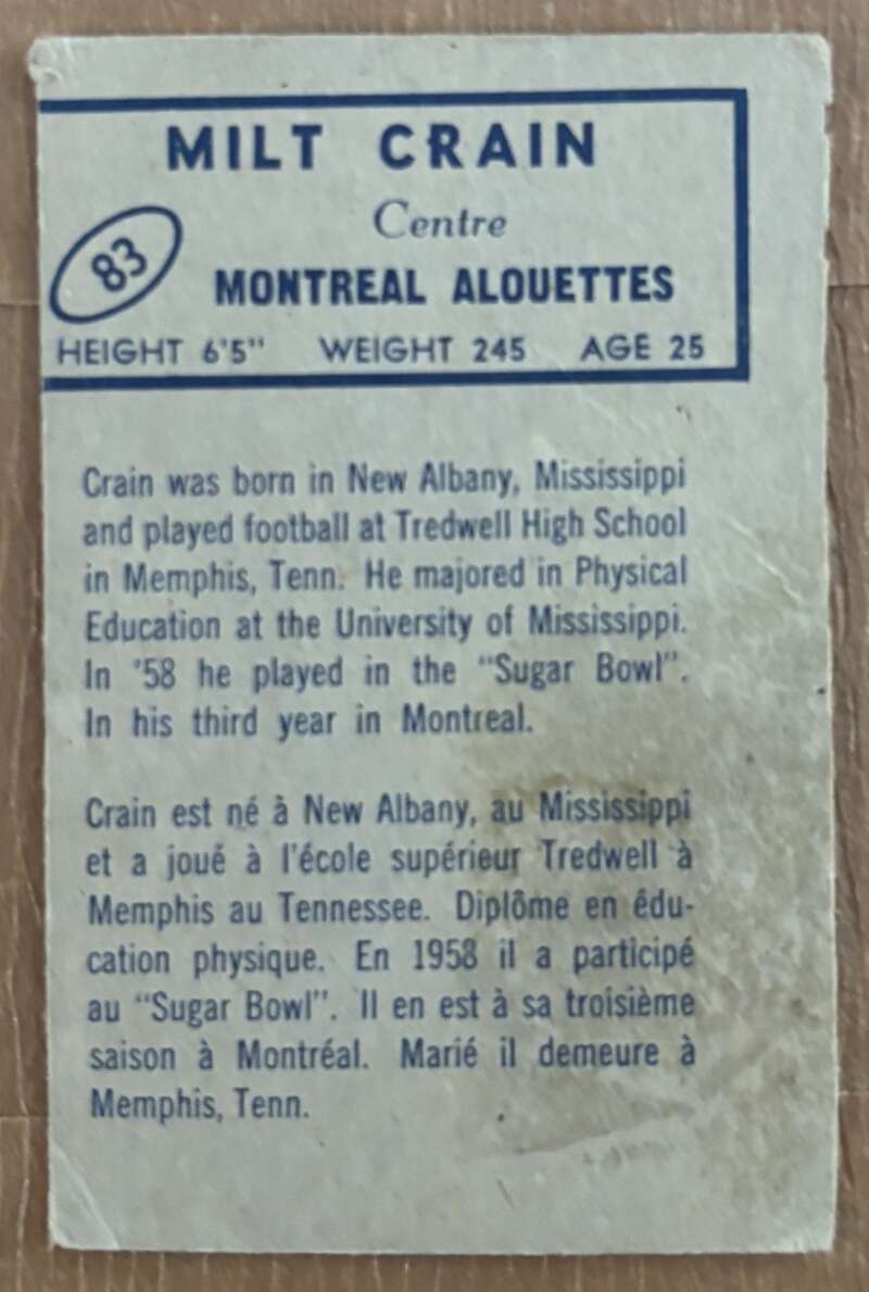 1962 Topps CFL #83 Milt Crain  RC Rookie Montreal Alouettes  V105354 Image 2