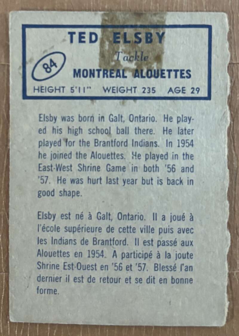 1962 Topps CFL #84 Ted Elsby  Montreal Alouettes  V105356 Image 2