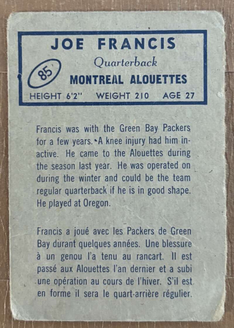 1962 Topps CFL #85 Joe Francis  RC Rookie Montreal Alouettes  V105357 Image 2
