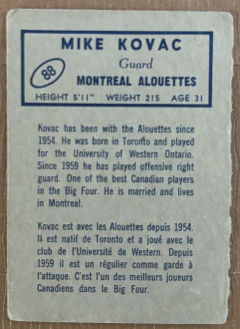 1962 Topps CFL #88 Mike Kovac  Montreal Alouettes  V105359 Image 2
