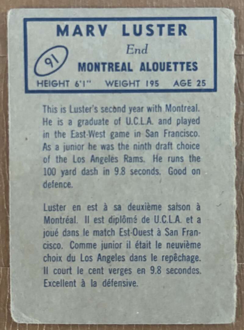 1962 Topps CFL #91 Marv Luster  RC Rookie Montreal Alouettes  V105360 Image 2