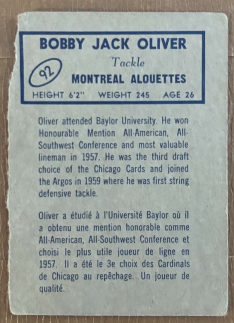 1962 Topps CFL #92 Bobby Jack Oliver  RC Rookie Montreal Alouettes  V105361 Image 2