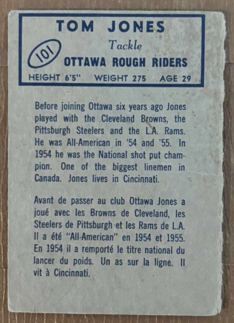 1962 Topps CFL #101 Tom Jones  Ottawa Rough Riders  V105363 Image 2