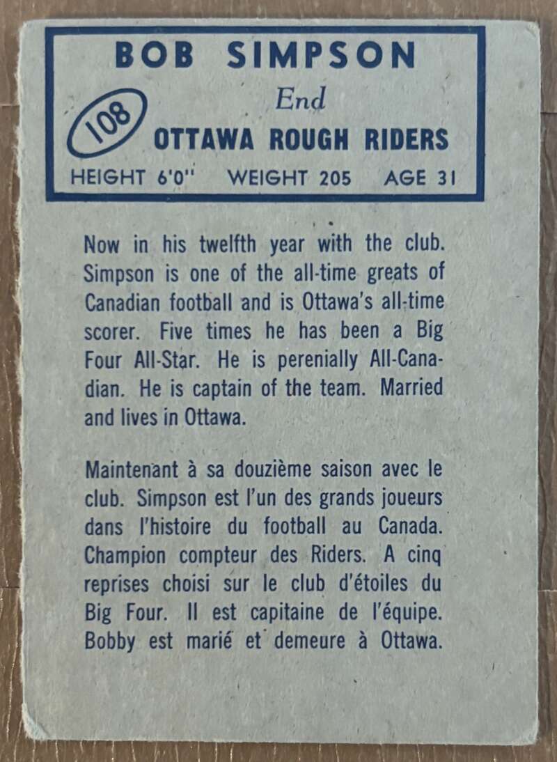 1962 Topps CFL #108 Bob Simpson  Ottawa Rough Riders  V105364 Image 2