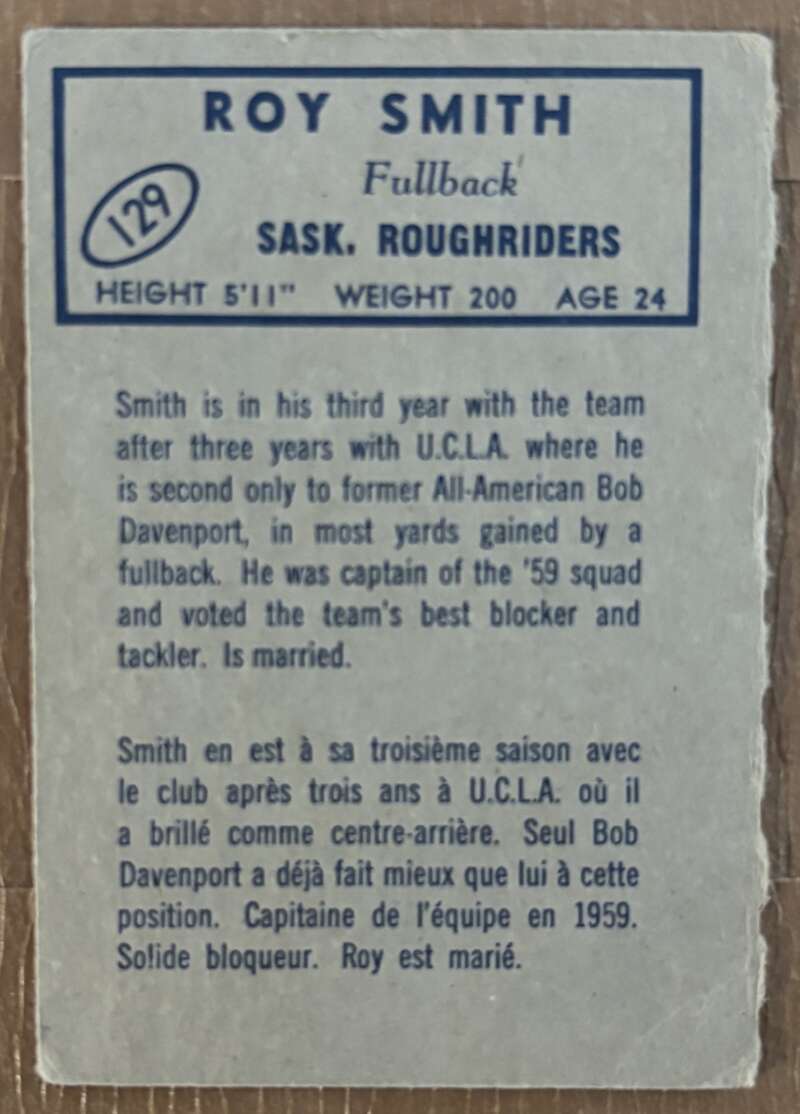 1962 Topps CFL #129 Ray Smith  Saskatchewan Roughriders  V105369 Image 2