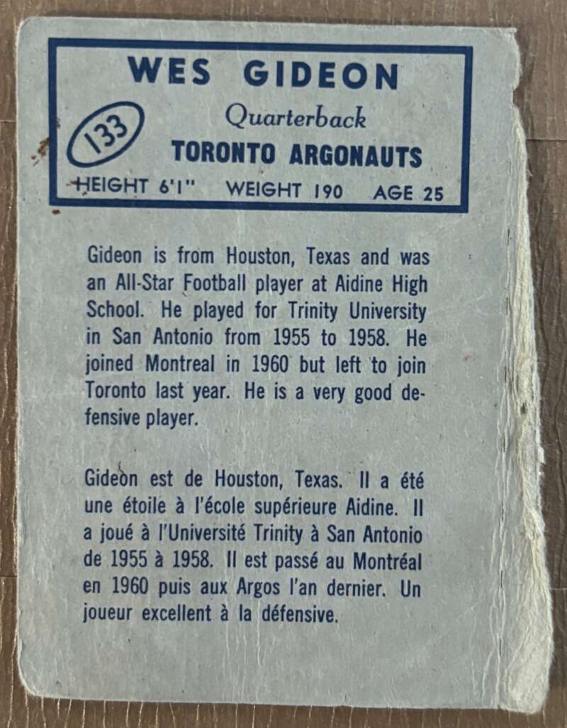 1962 Topps CFL #133 Wes Gideon  Toronto Argonauts  V105370 Image 2