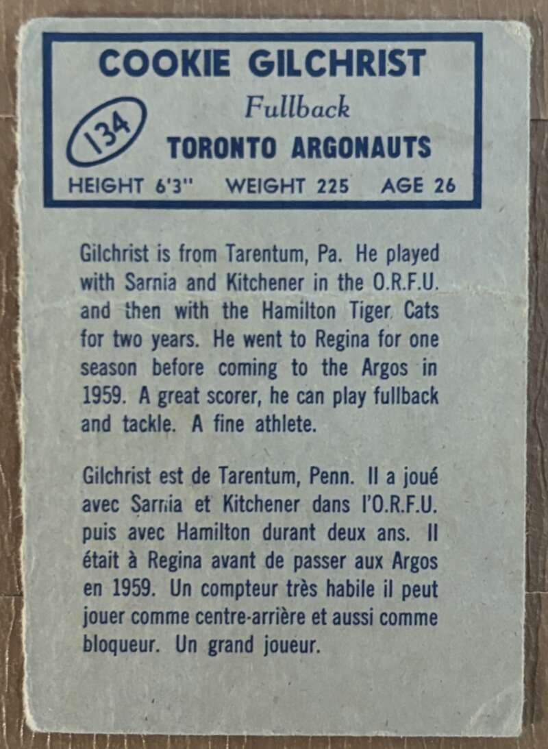 1962 Topps CFL #134 Cookie Gilchrist  Toronto Argonauts  V105371 Image 2
