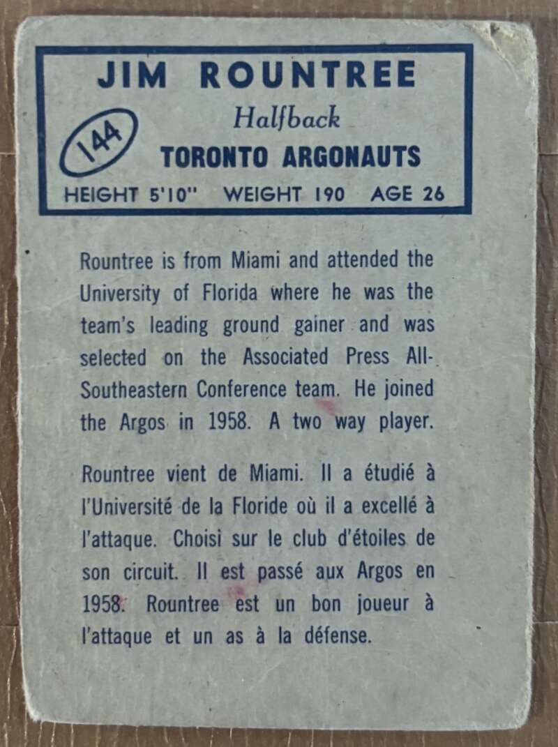 1962 Topps CFL #144 Jim Rountree  Toronto Argonauts  V105372 Image 2