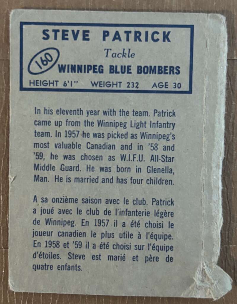 1962 Topps CFL #160 Steve Patrick  Winnipeg Blue Bombers  V105375 Image 2