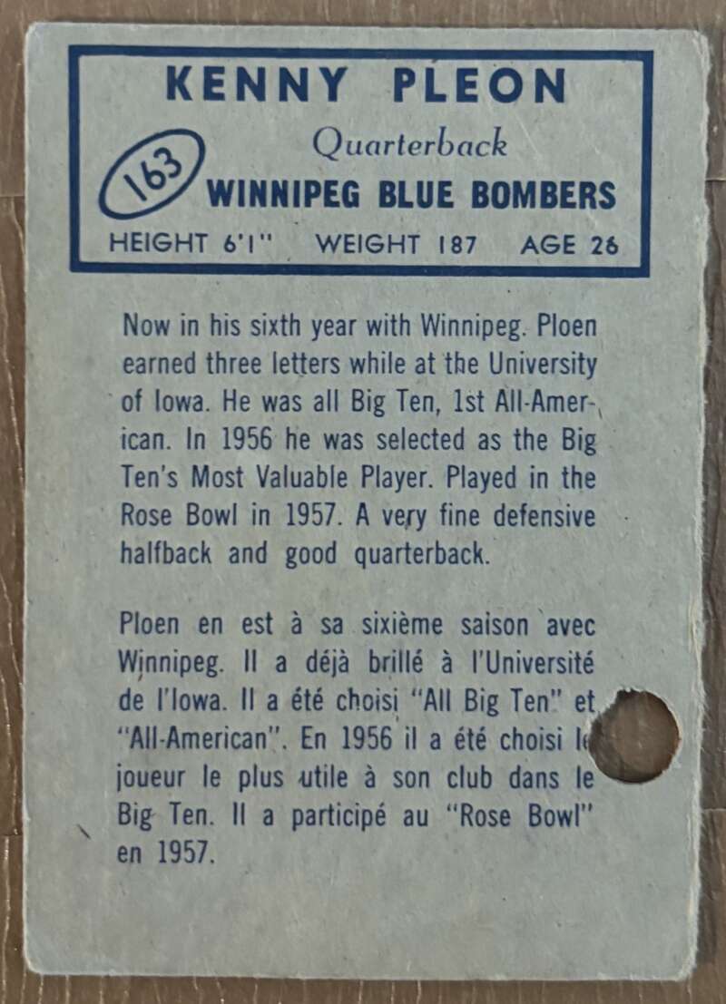 1962 Topps CFL #163 Kenny Ploen  Winnipeg Blue Bombers  V105376 Image 2