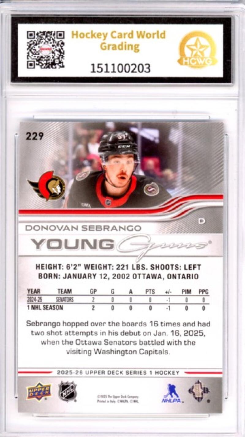 2025-26 Upper Deck #229 Donovan Sebrango YG RC Young Guns Hockey Graded HCWG 10 Image 2