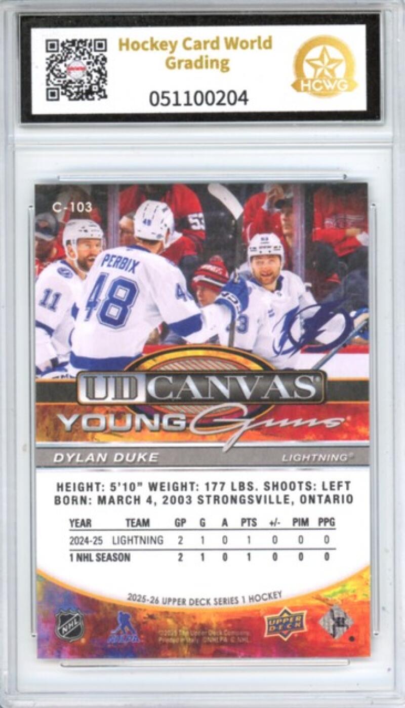 2025-26 Upper Deck UD Canvas #C103 Dylan Duke YG Young Guns Hockey Graded HCWG 9 Image 2