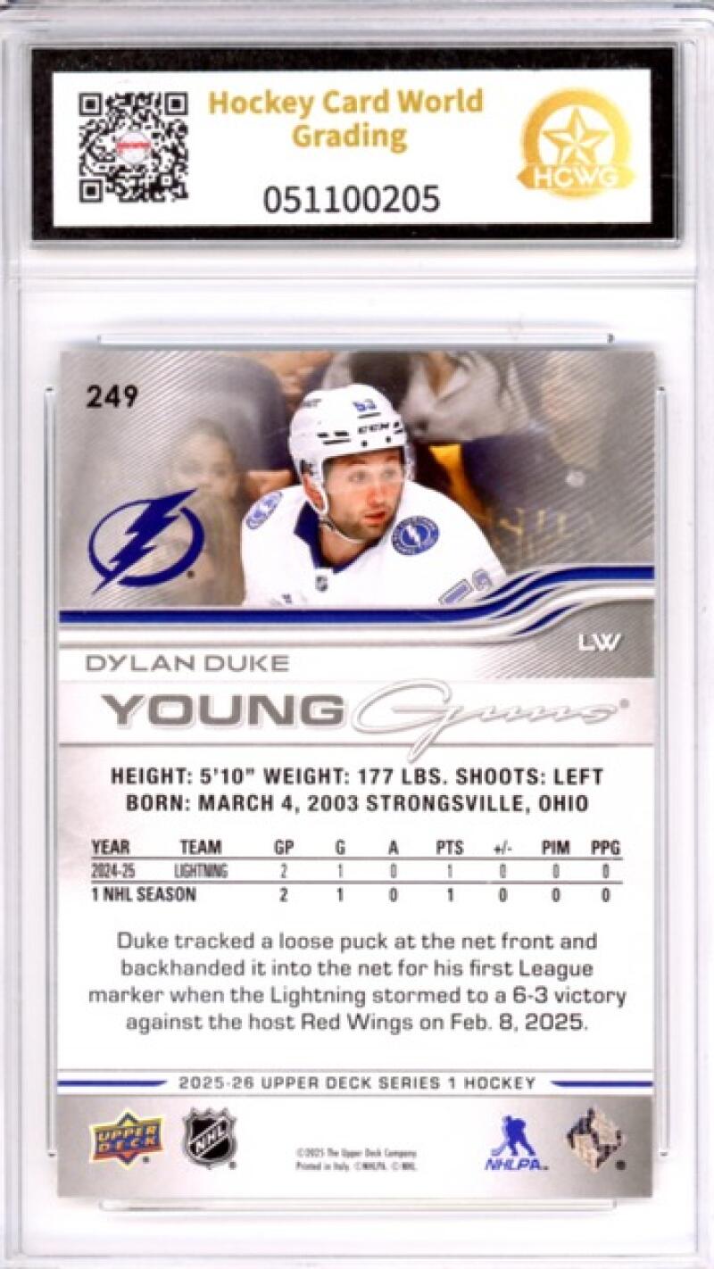 2025-26 Upper Deck #249 Dylan Duke YG RC YG Young Guns Hockey Graded HCWG 9 Image 2