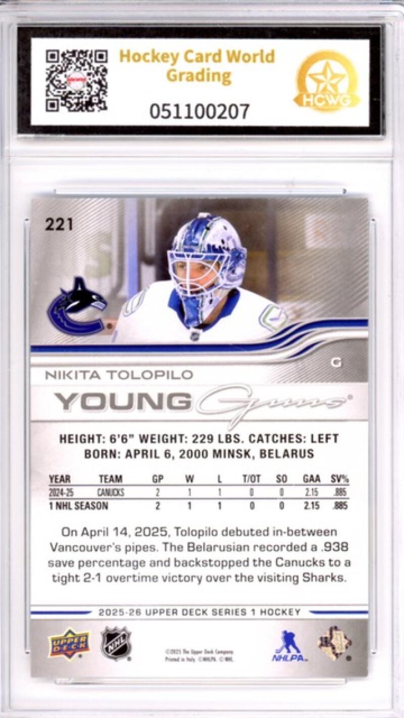 2025-26 Upper Deck #221 Nikita Tolopilo RC YG Young Guns Hockey Graded HCWG 9 Image 2
