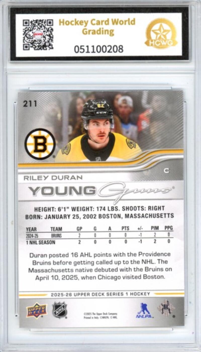 2025-26 Upper Deck #211 Riley Duran YG RC Young Guns Hockey Graded HCWG 9 Image 2