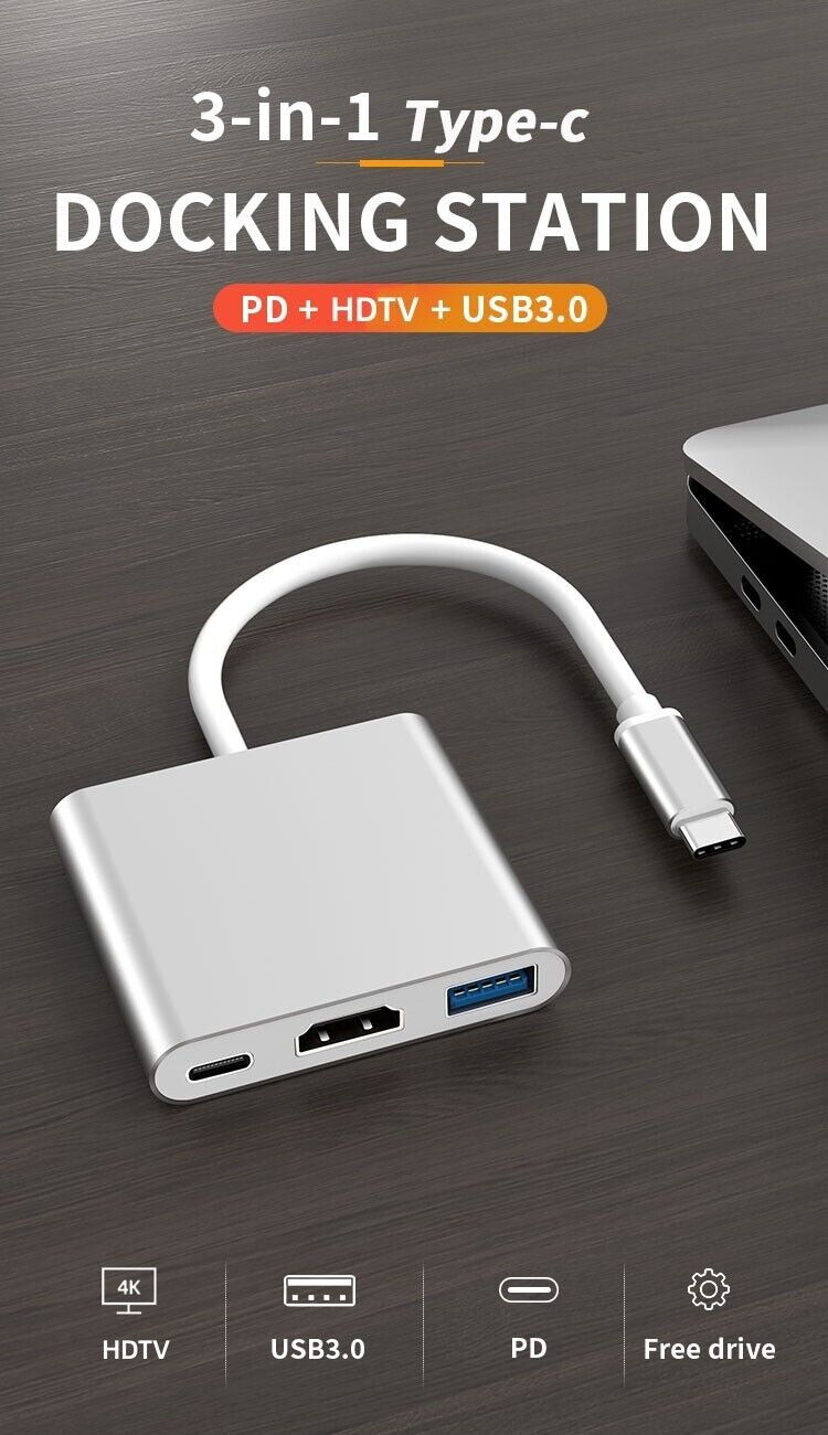 3 in 1 USB-C Multi-Function 100W Plug Play & Docking Station - PD,HDTV,USB