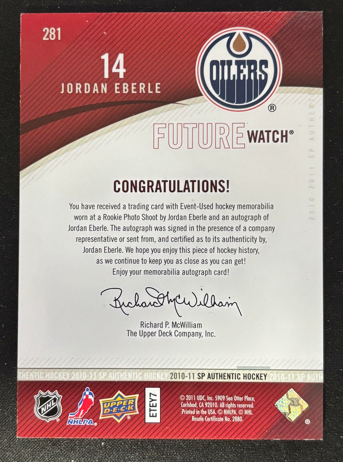 2010-11 SP Authentic Limited Jordan Eberle 44/100 Auto Patch RC V106019