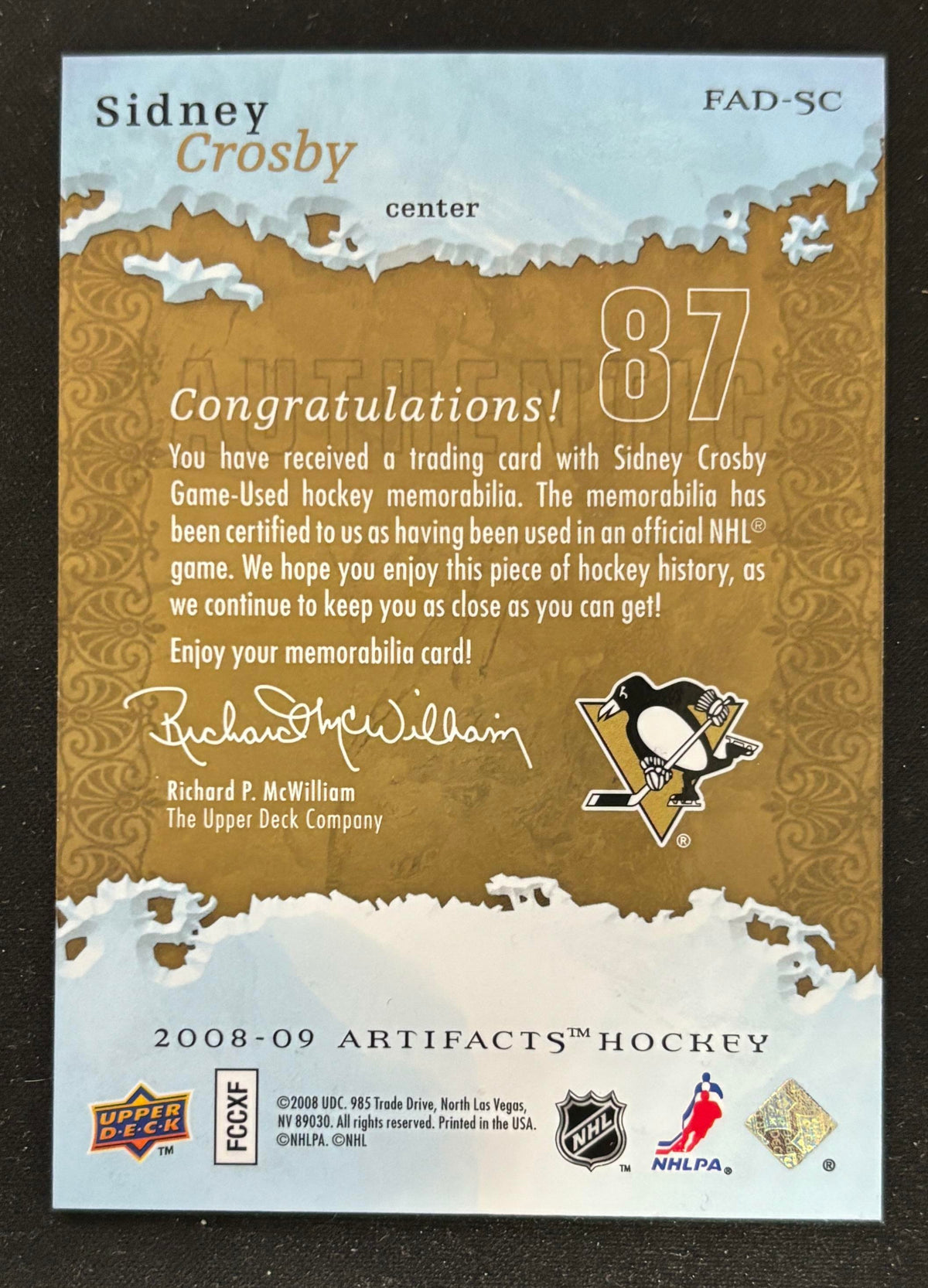 2008-09 Upper Deck Artifacts Frozen Sidney Crosby Dual Jersey V106018