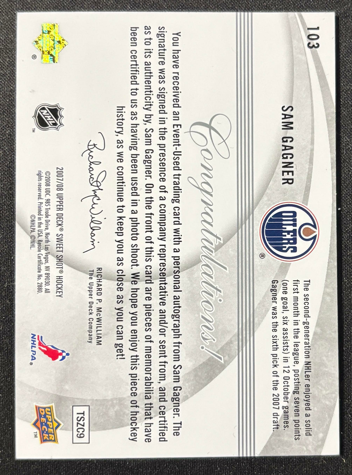 2007-08 Sweet Shot Sam Gagner 15/100 Autograph Patch RC V106022