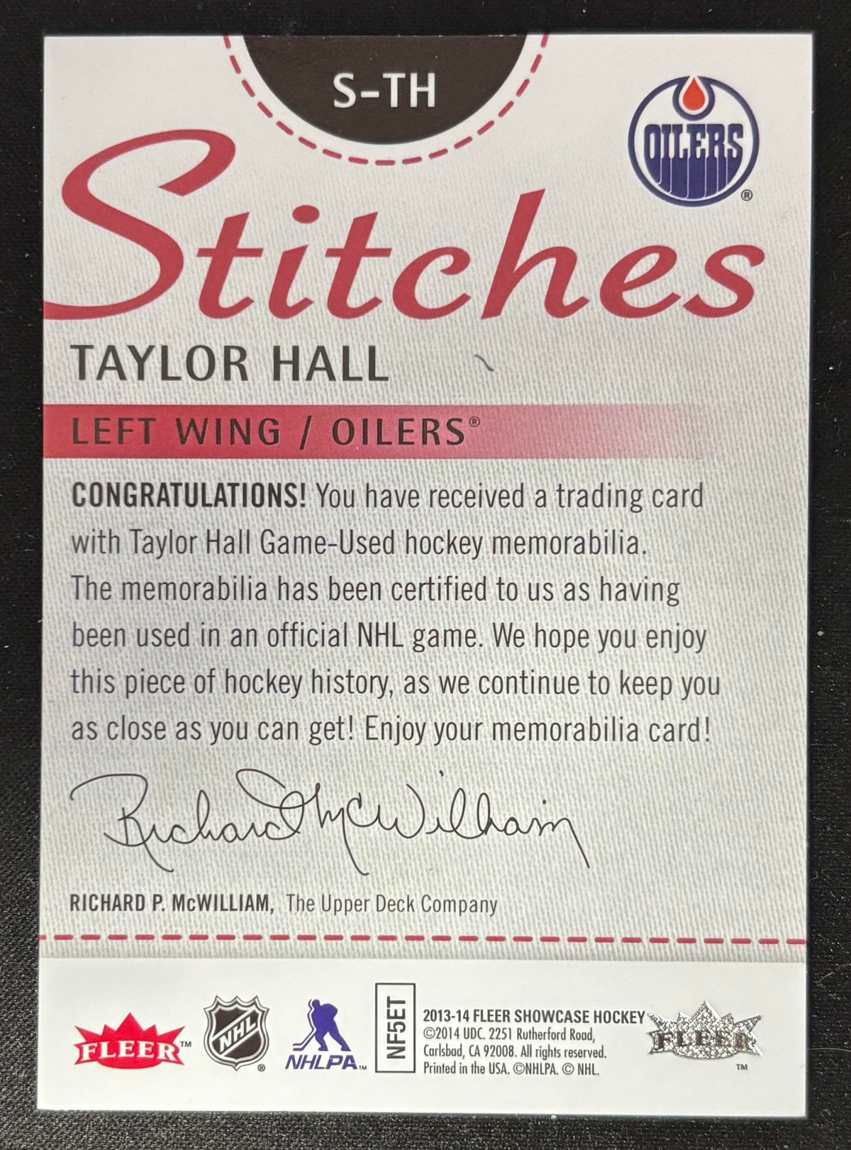 2013-14 Fleer Showcase Red Taylor Hall Stitches 2/13 Patch V106023