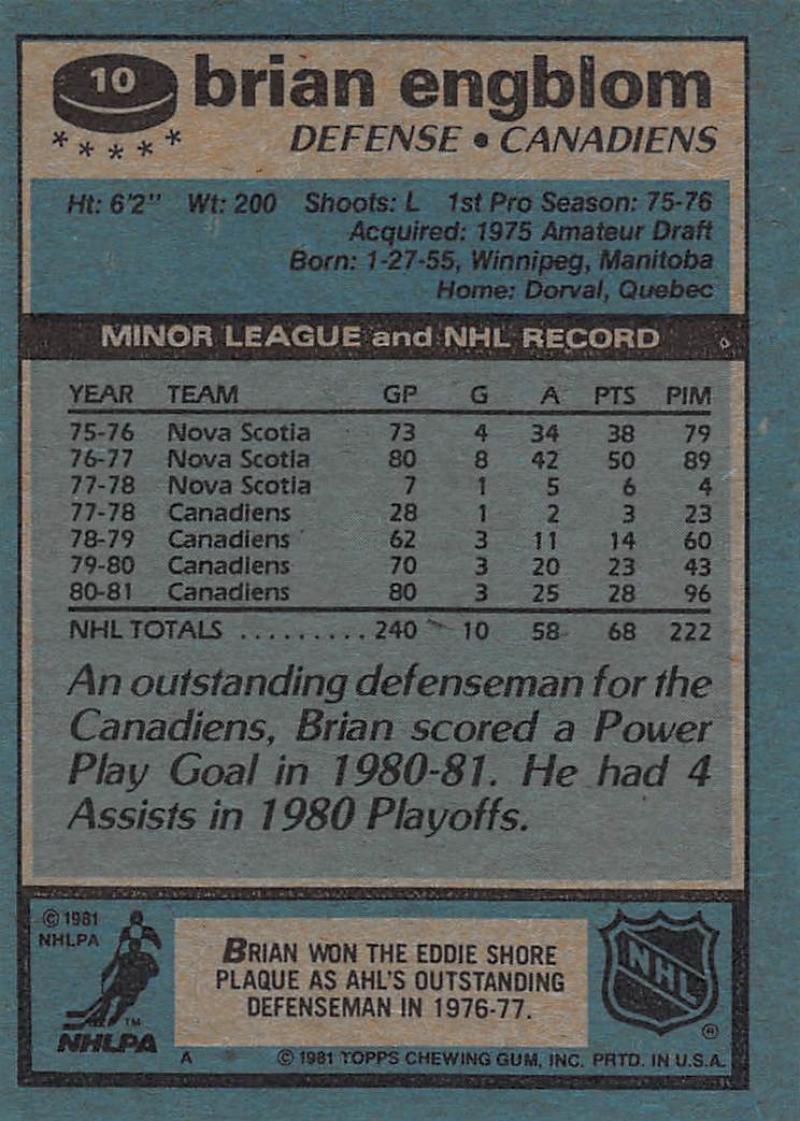 1981-82 Topps #10 Brian Engblom NM-MT Hockey NHL Canadiens Image 2