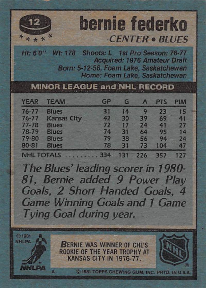 1981-82 Topps #12 Bernie Federko NM-MT Hockey NHL Blues Image 2