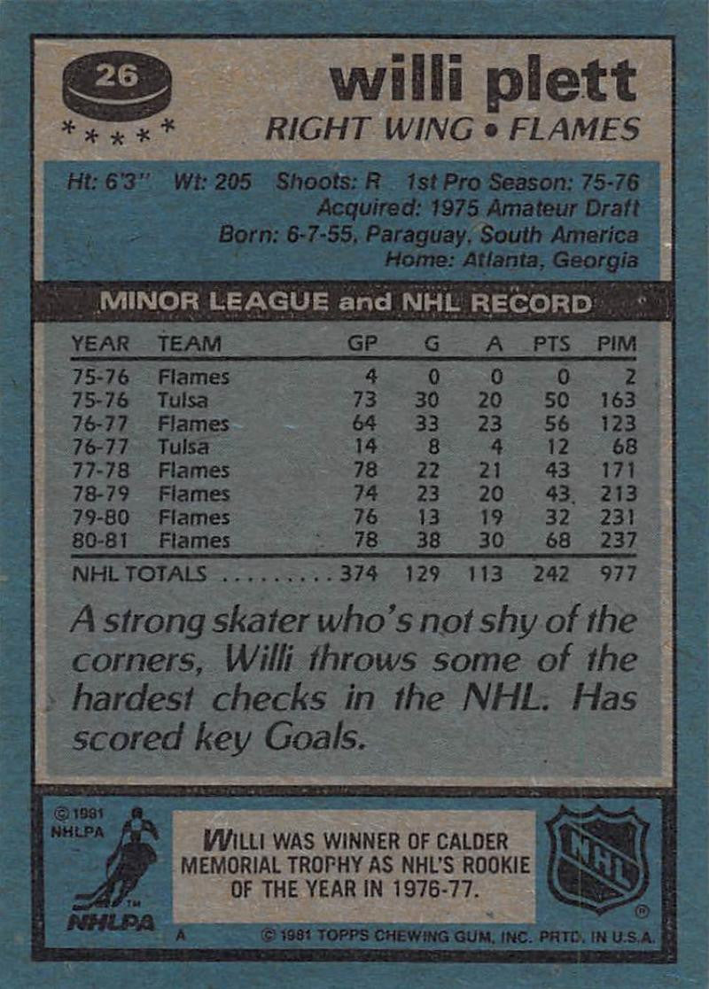 1981-82 Topps #26 Willi Plett NM-MT Hockey NHL Flames