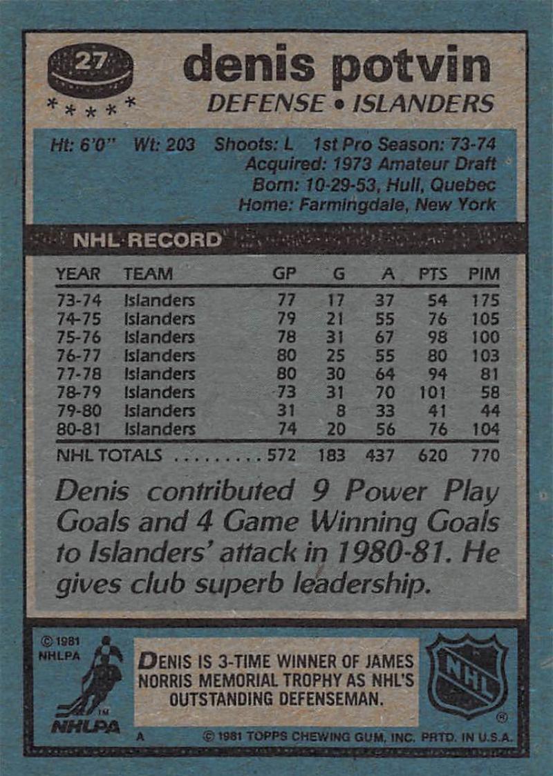 1981-82 Topps #27 Denis Potvin NM-MT Hockey NHL NY Islanders Image 2