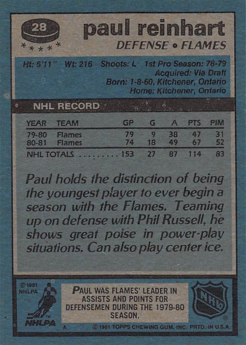 1981-82 Topps #28 Paul Reinhart NM-MT Hockey NHL Flames Image 2