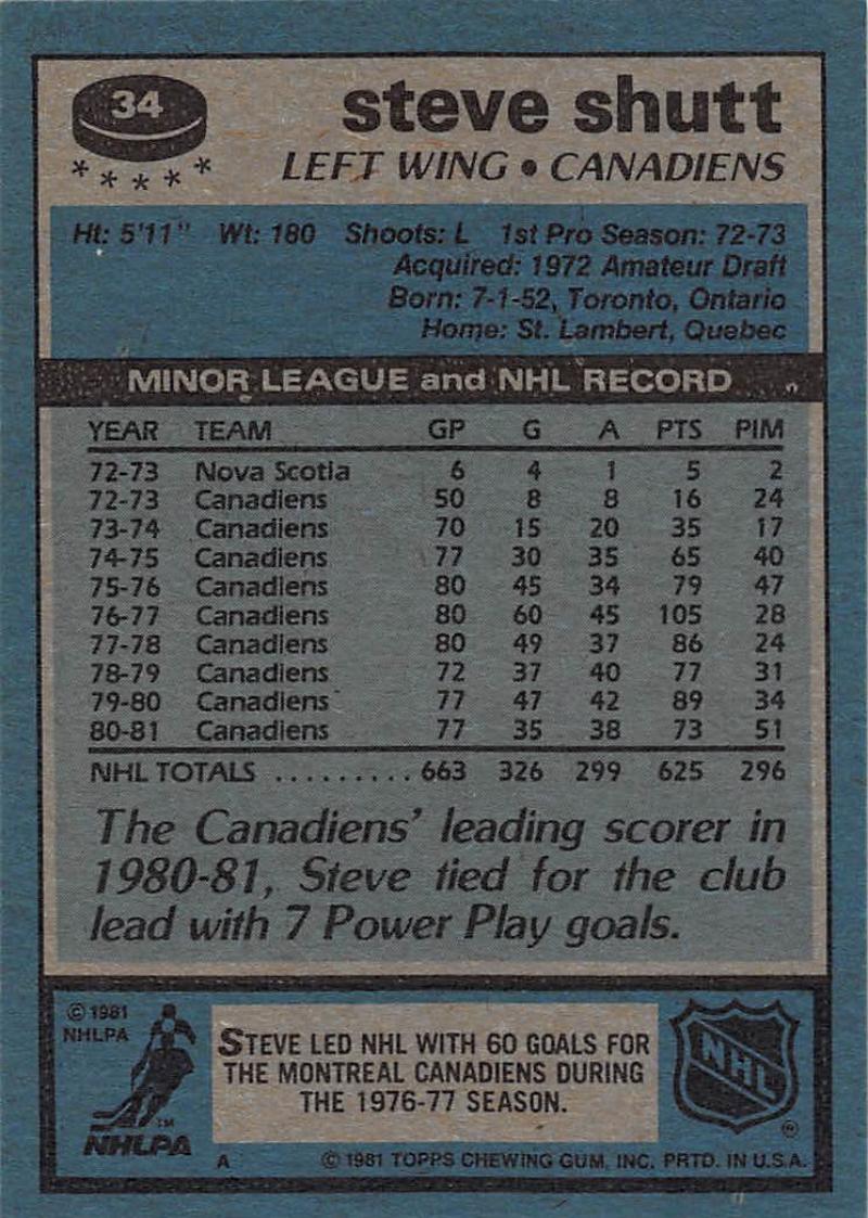 1981-82 Topps #34 Steve Shutt NM-MT Hockey NHL Canadiens Image 2