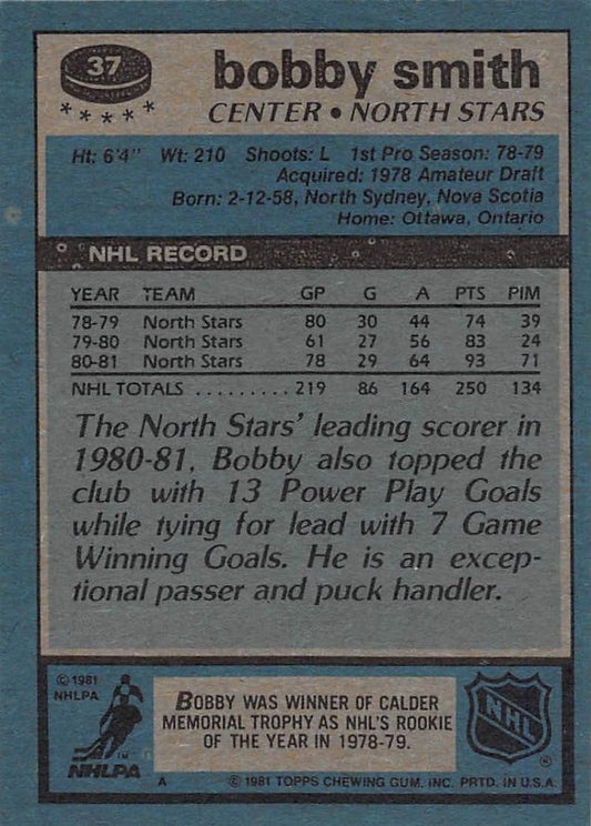 1981-82 Topps #37 Bobby Smith NM-MT Hockey NHL North Stars