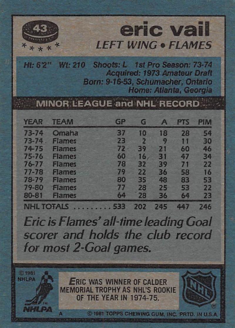 1981-82 Topps #43 Eric Vail NM-MT Hockey NHL Flames Image 2