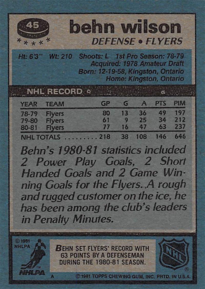 1981-82 Topps #45 Behn Wilson NM-MT Hockey NHL Flyers Image 1