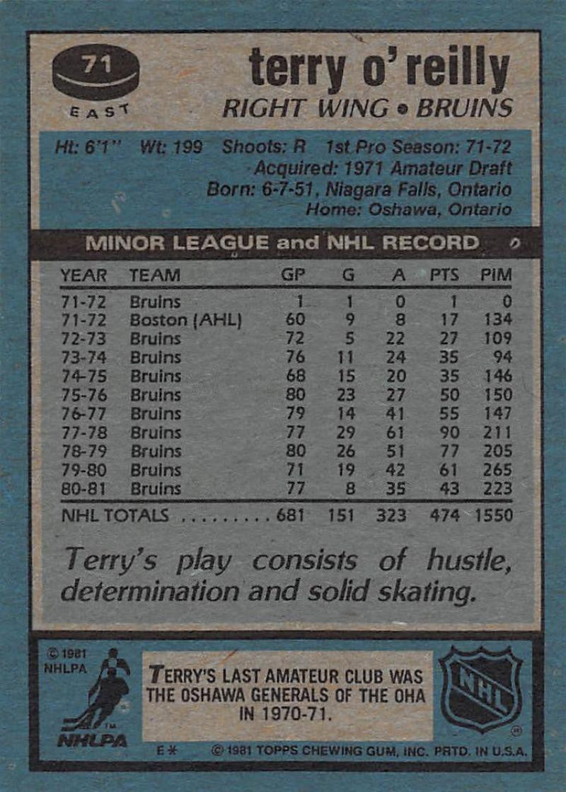 1981-82 Topps #E71 Terry O'Reilly NM-MT Hockey NHL Bruins