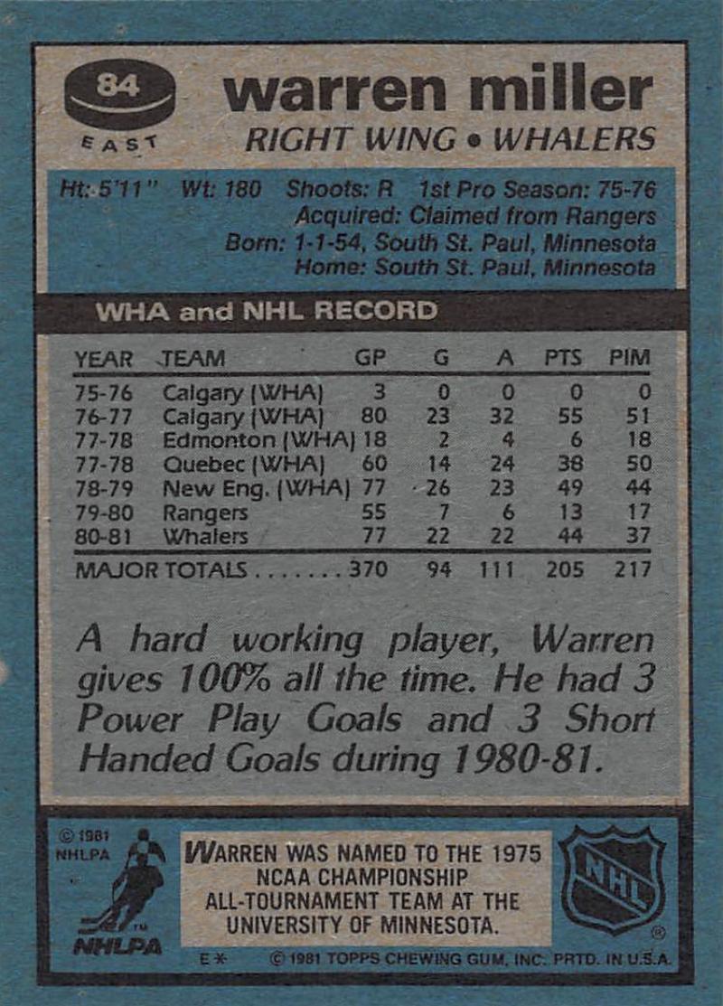 1981-82 Topps #E84 Warren Miller NM-MT Hockey NHL RC Rookie Whalers Image 2