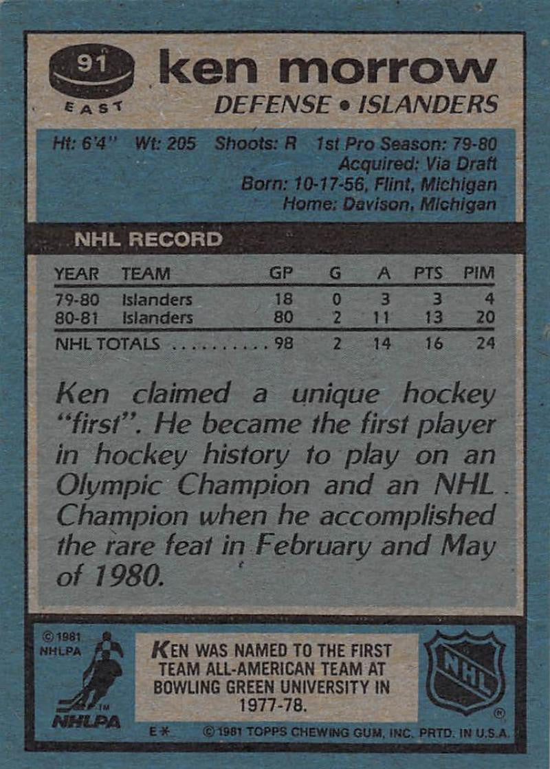 1981-82 Topps #E91 Ken Morrow NM-MT Hockey NHL NY Islanders