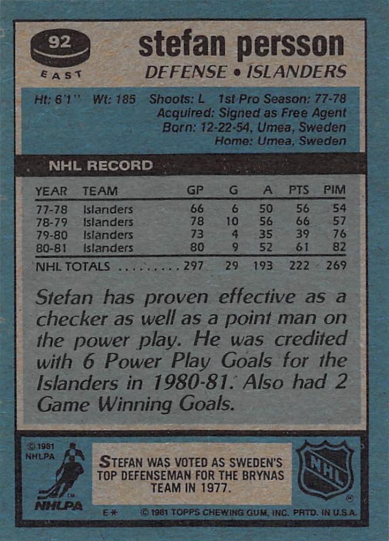 1981-82 Topps #E92 Stefan Persson NM-MT Hockey NHL NY Islanders Image 2