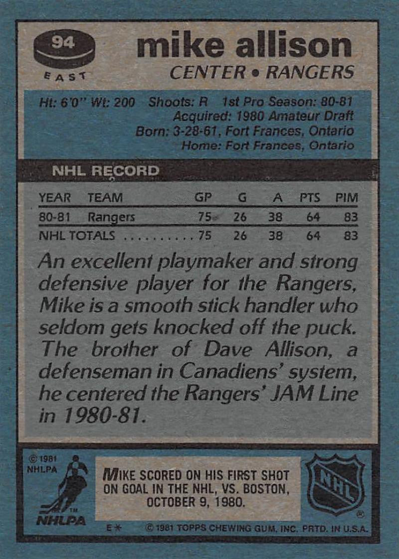 1981-82 Topps #E94 Mike Allison NM-MT Hockey NHL RC Rookie NY Rangers