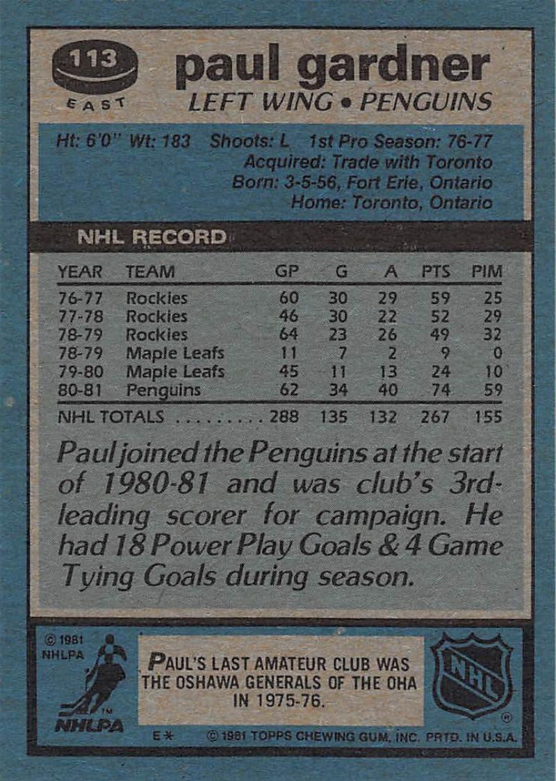 1981-82 Topps #E113 Paul Gardner NM-MT Hockey NHL Penguins