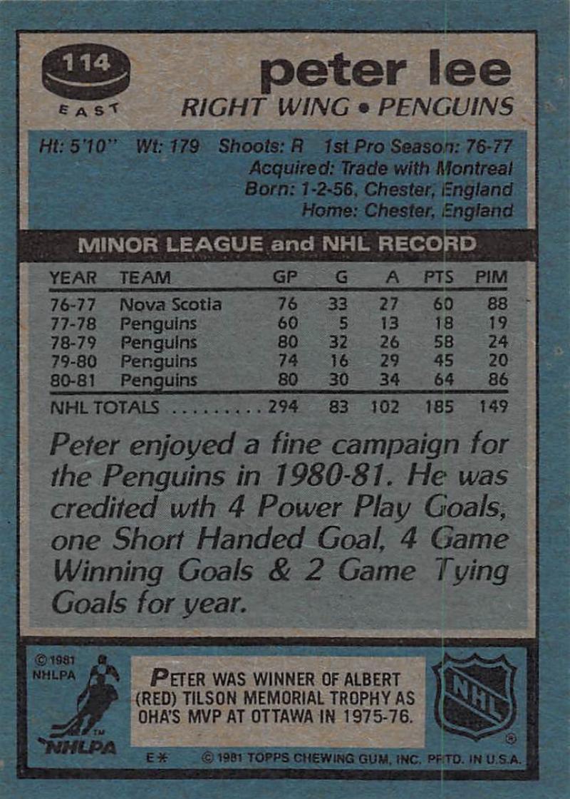 1981-82 Topps #E114 Peter Lee NM-MT Hockey NHL Penguins Image 2