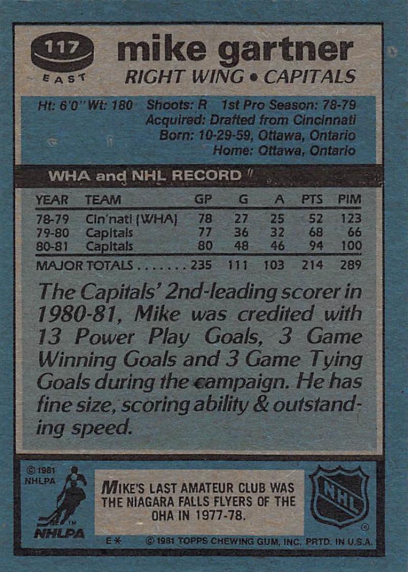 1981-82 Topps #E117 Mike Gartner NM-MT Hockey NHL Capitals Image 2