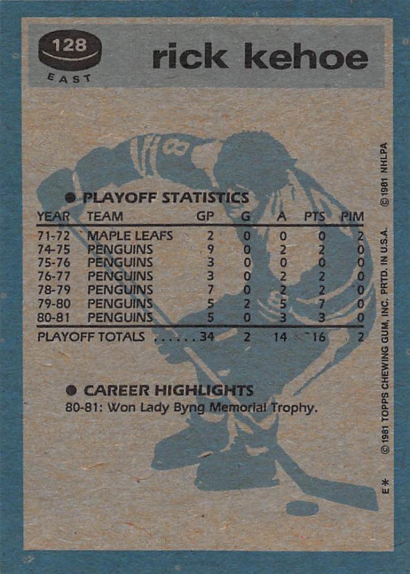 1981-82 Topps #E128 Rick Kehoe NM-MT Hockey NHL Penguins Image 2