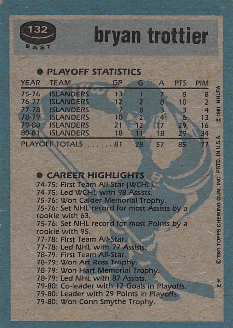 1981-82 Topps #E132 Bryan Trottier NM-MT Hockey NHL NY Islanders Image 2