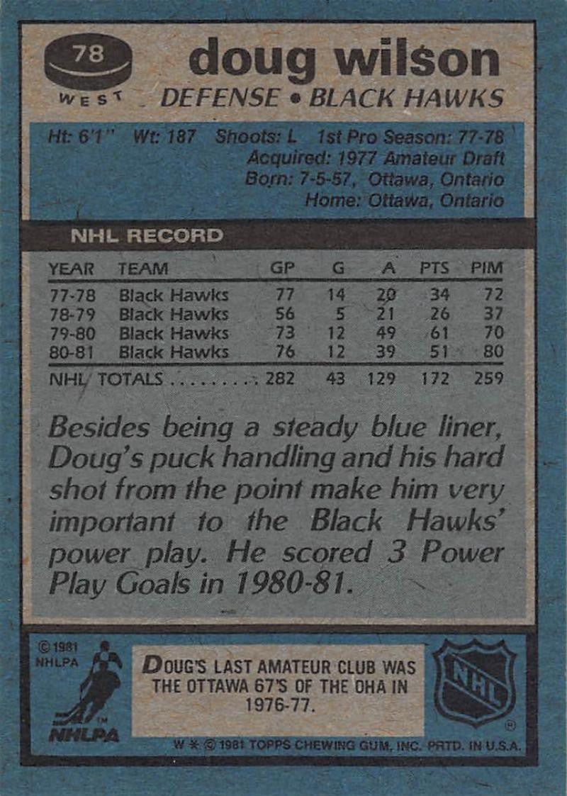 1981-82 Topps #W78 Doug Wilson NM-MT Hockey NHL Blackhawks