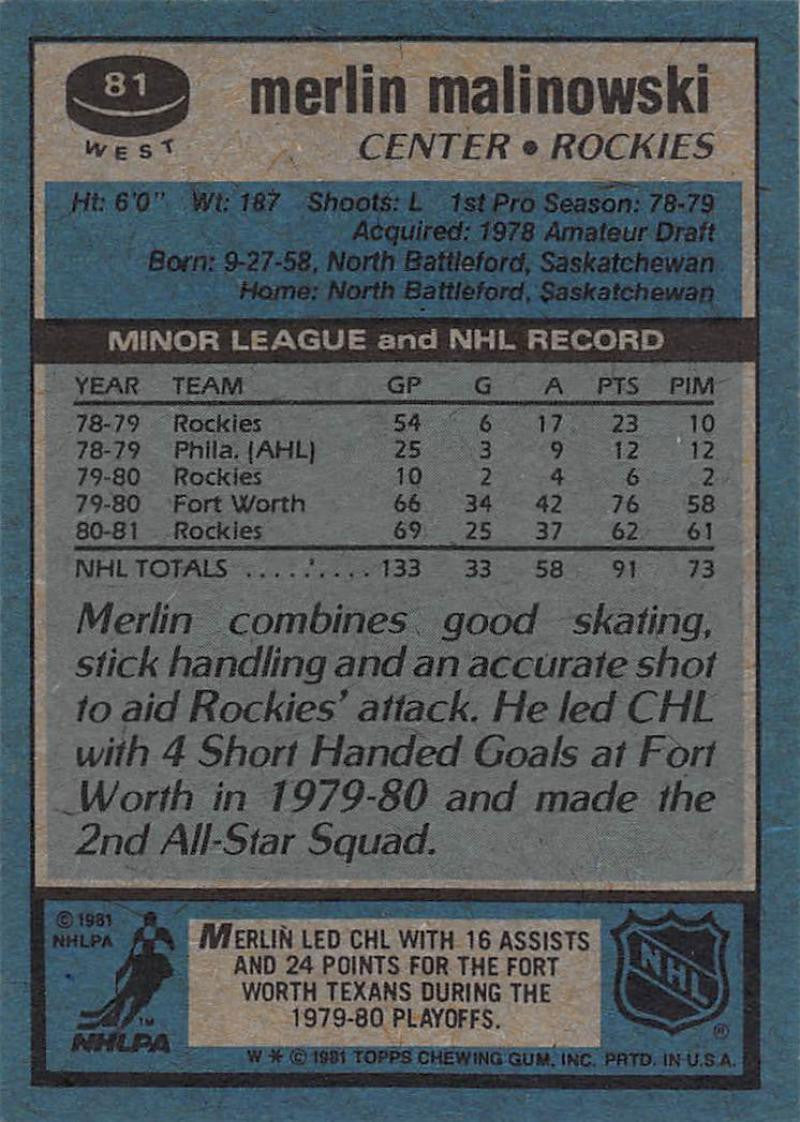 1981-82 Topps #W81 Merlin Malinowski NM-MT Hockey NHL RC Rookie Rockies