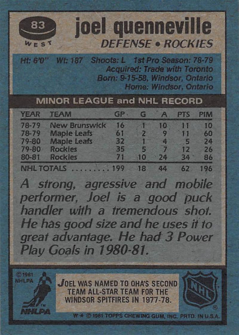 1981-82 Topps #W83 Joel Quenneville NM-MT Hockey NHL Rockies